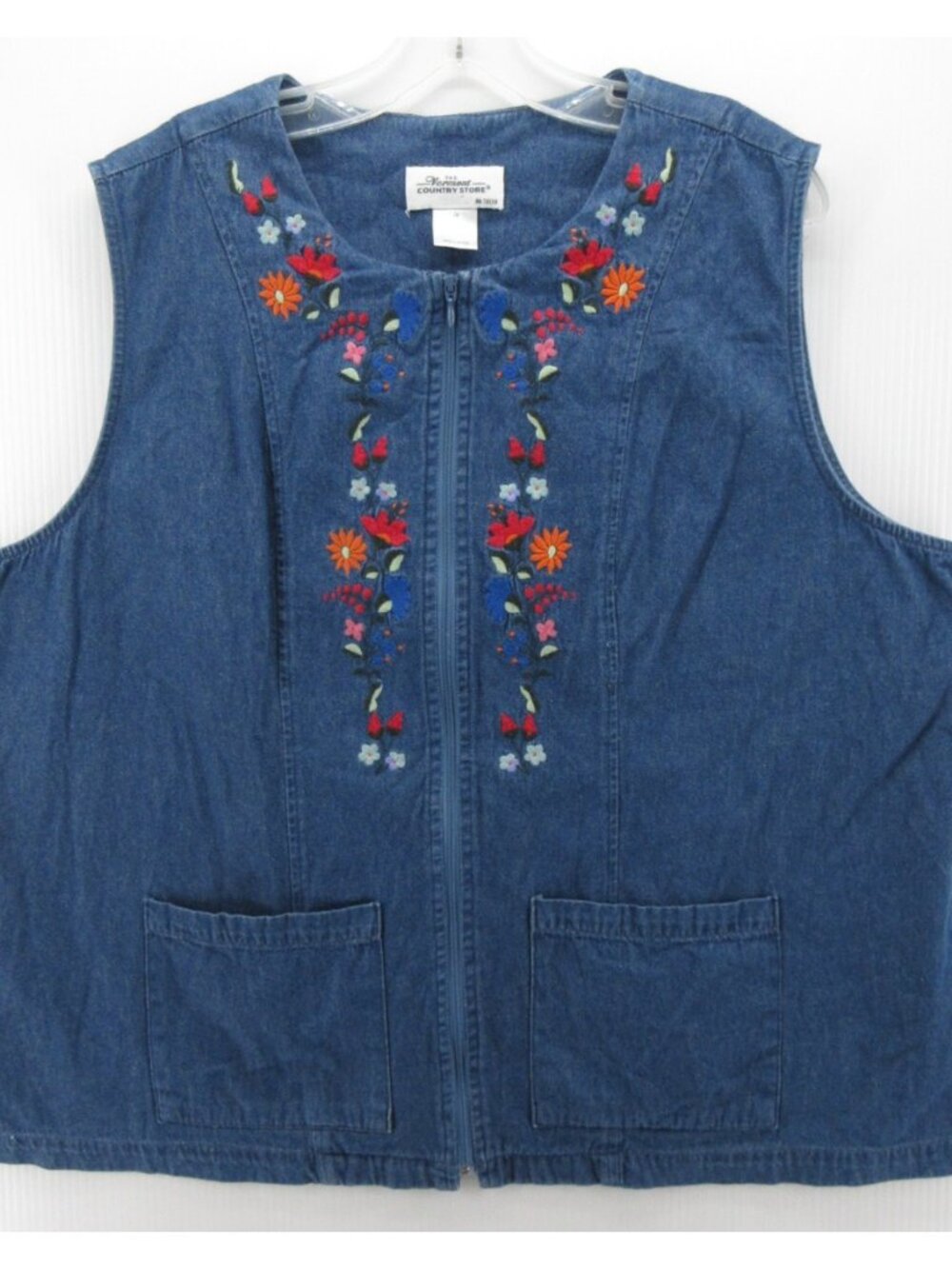 The Vermont Country Store Vest 1X Plus Denim Floral Embroidered